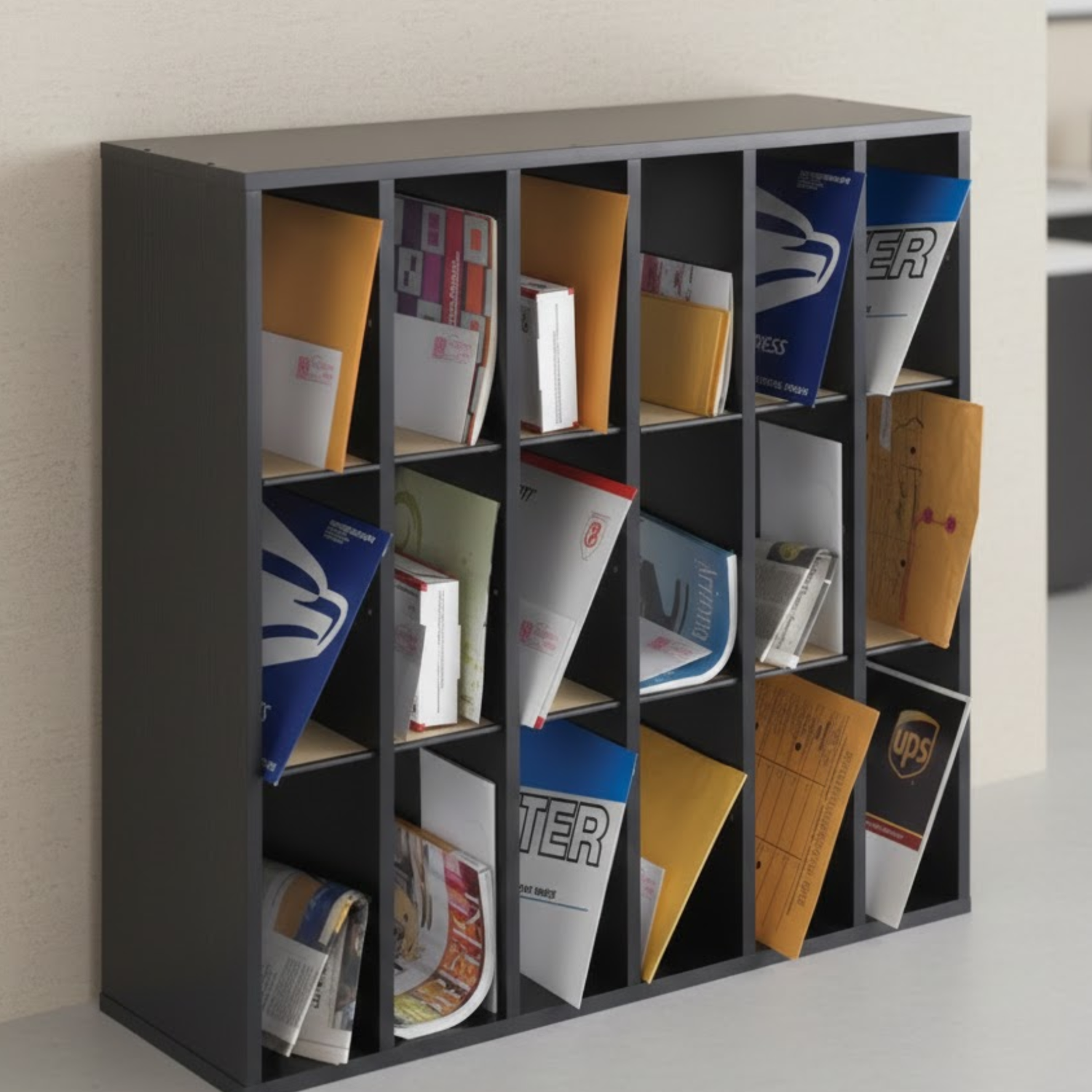 18-opening-safco-mail-sorter-7765BL-black-wood-interoffice-use