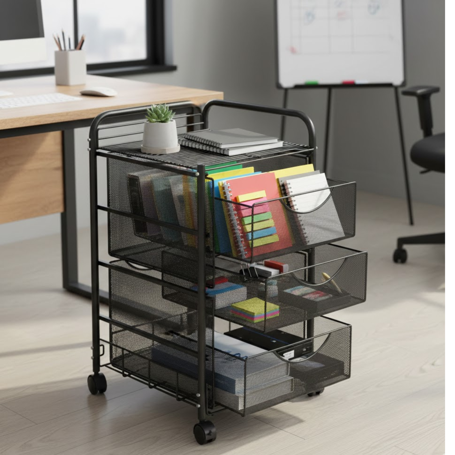 Black-Rolling-Mesh-Storage-Cart-Safco-5212BL-Two-Filing-Drawer-System