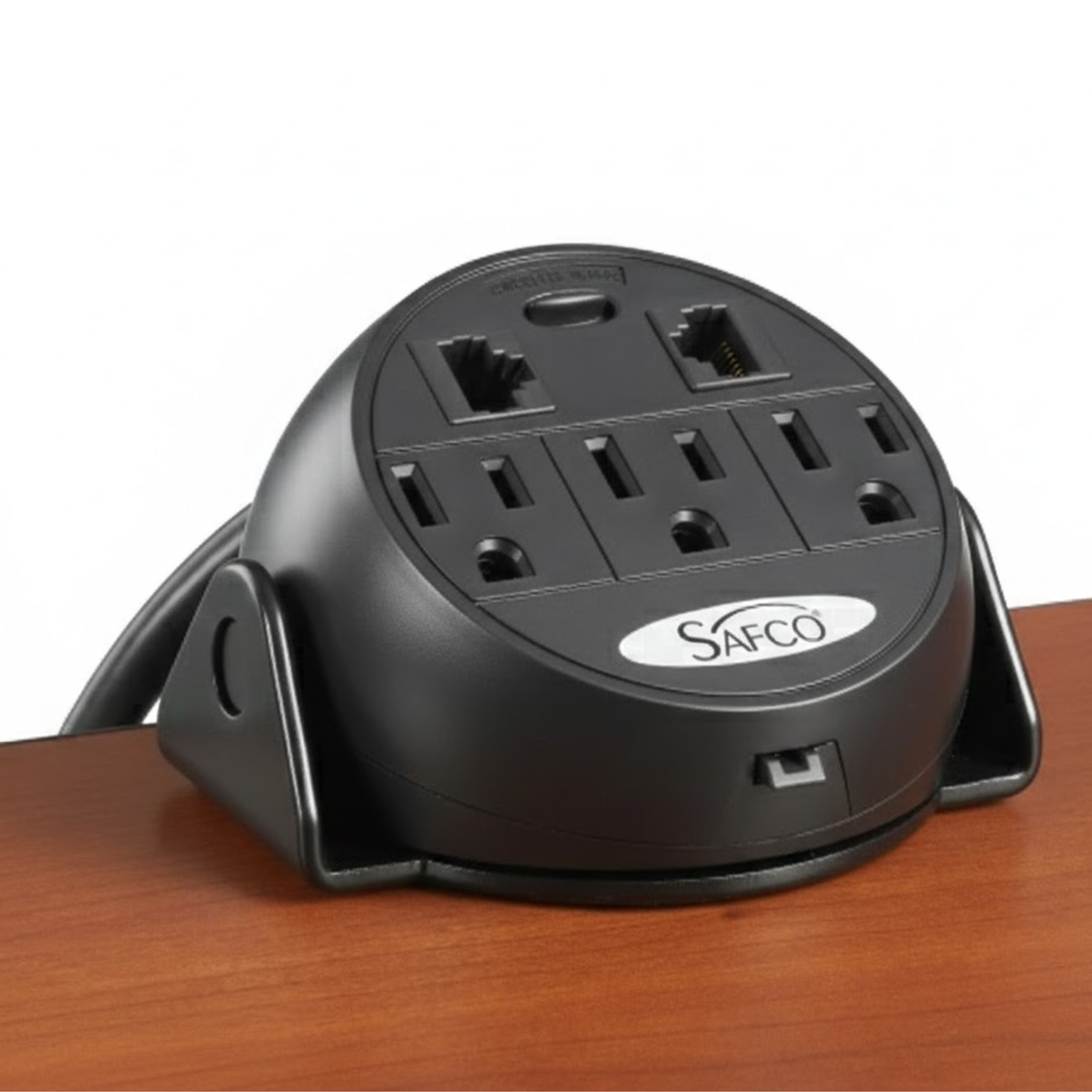 Black-desktop-clamp-power-strip-Safco-2059BL-charging-hub-for-office-desk