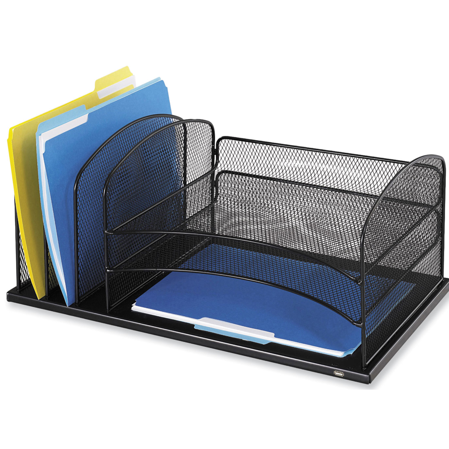 Black-mesh-desktop-file-sorter-with-integrated-power-safco-3231bl