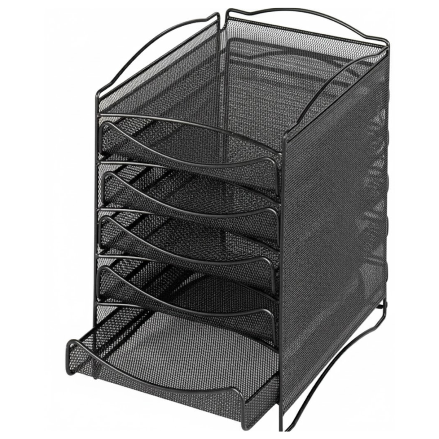 Black-mesh-desktop-organizer-five-drawers-Safco-9432BL-literature-storage