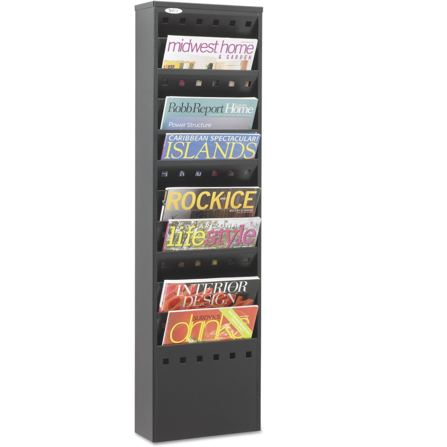 Black-metal-wall-mount-magazine-rack-11-pockets-Safco-4321BL-brochure-holder