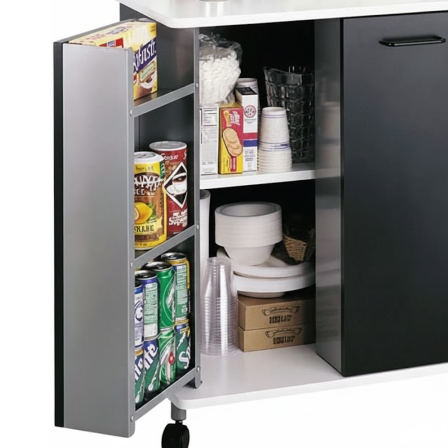 Black-static-refreshment-station-Safco-Stand-8963BL-with-cabinet-storage