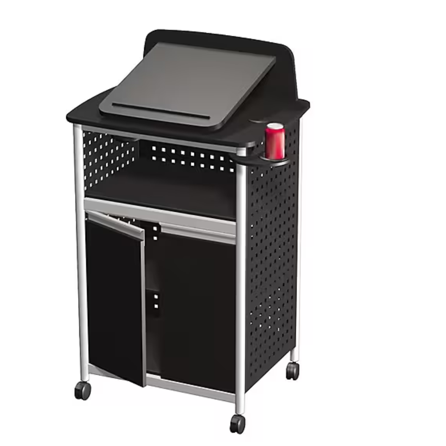 Black-steel-mobile-lectern-Safco-Scoot-8922BL-adjustable-height-presentation-stand