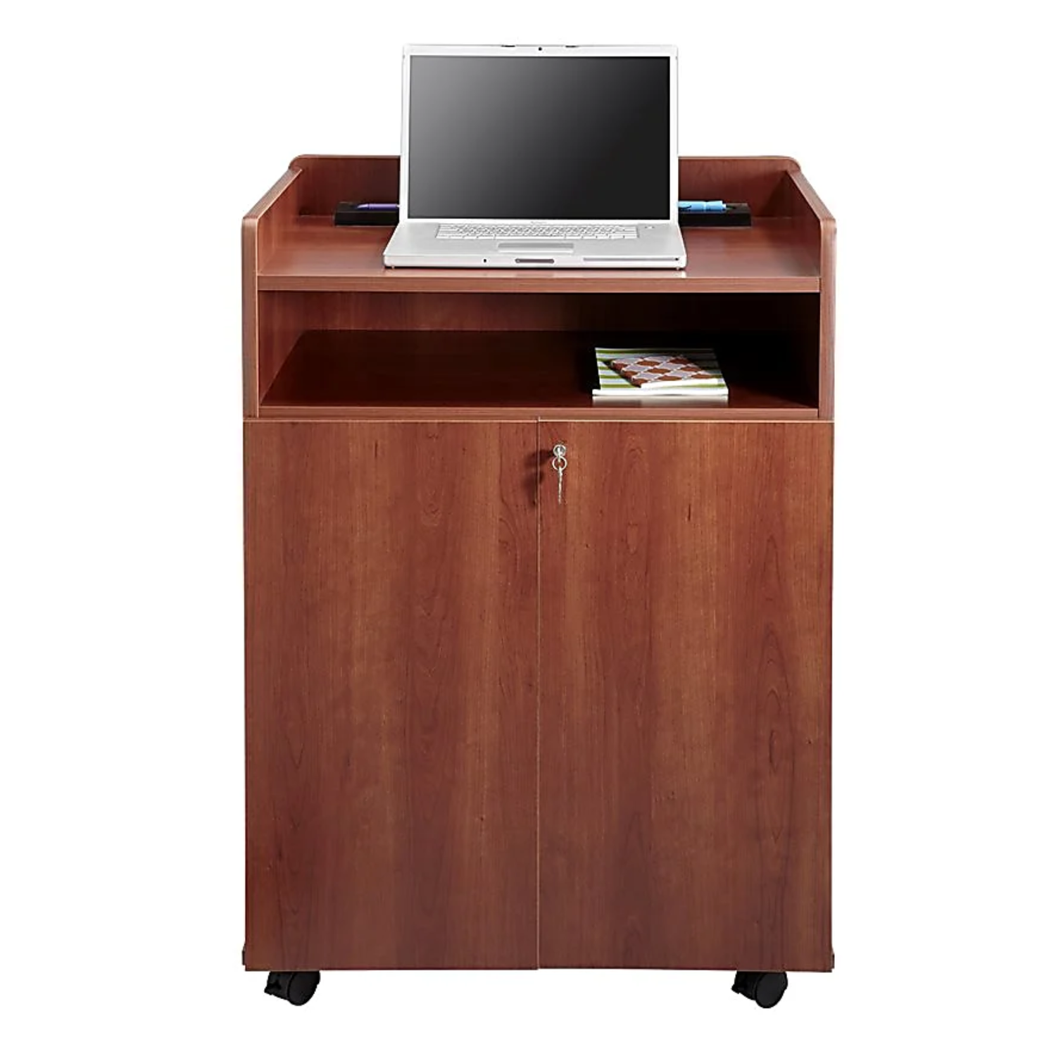 Cherry-wood-executive-podium-presentation-stand-Safco-8919CY-with-storage
