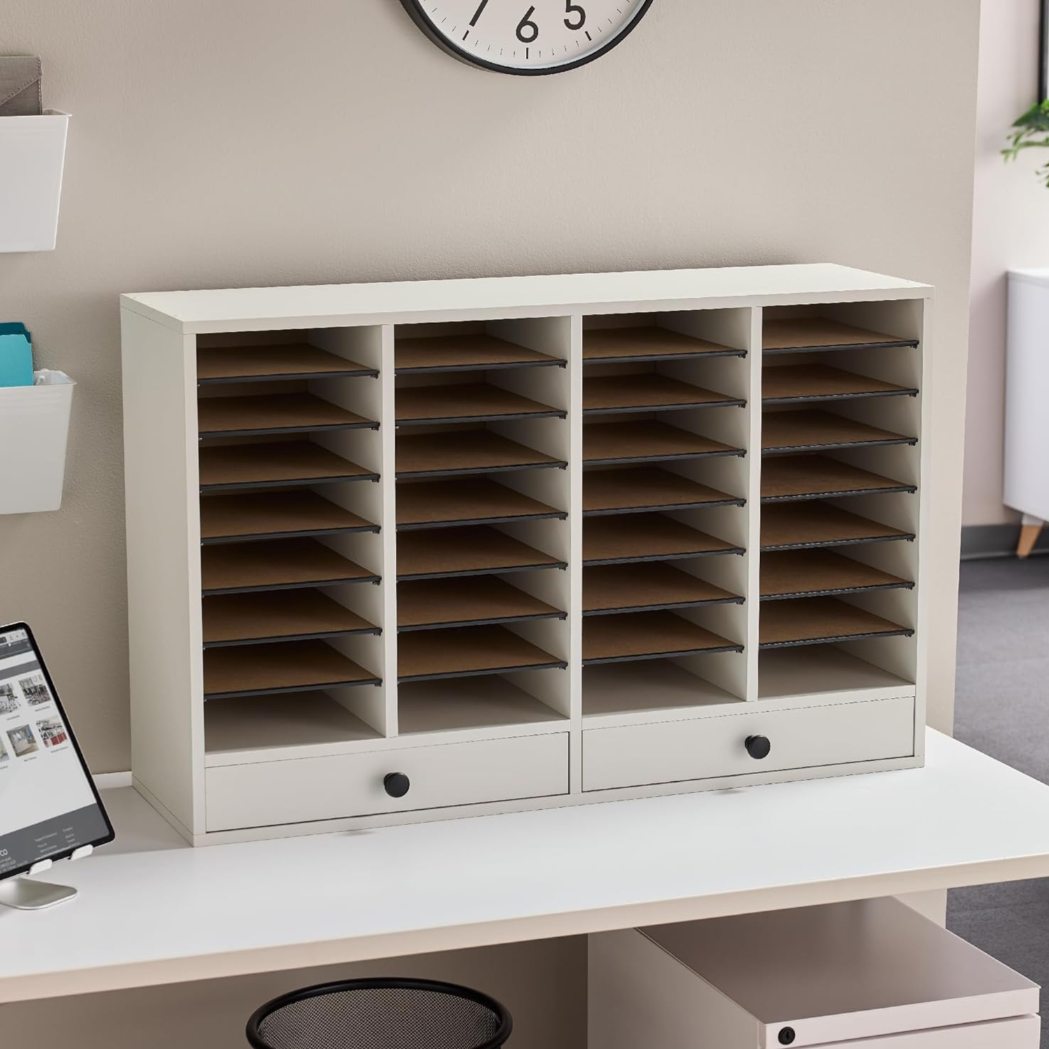 Durable-Wood-Literature-Sorter-with-Storage-Drawers-Safco-9494GR