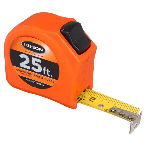 Keson Toggle Series 25 ft Short Tape Measure - Feet, 10ths, 100ths, and Inches, 8ths, 16ths - PGT181025V