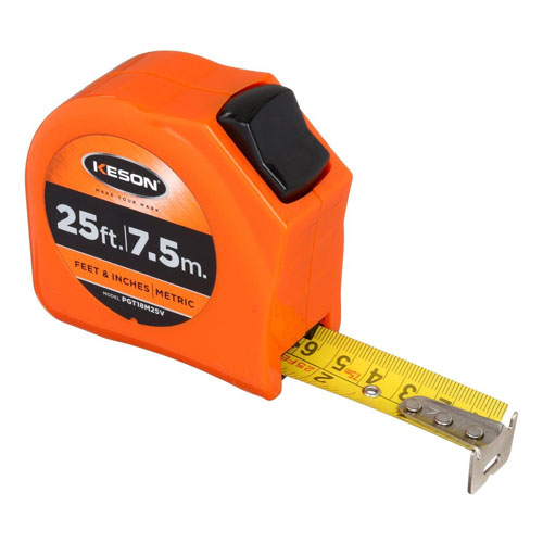 Keson Toggle Series 25 ft/7.5m Short Tape Measure - Feet, Inches, 8ths, 16ths, and Metric - PGT18M25V