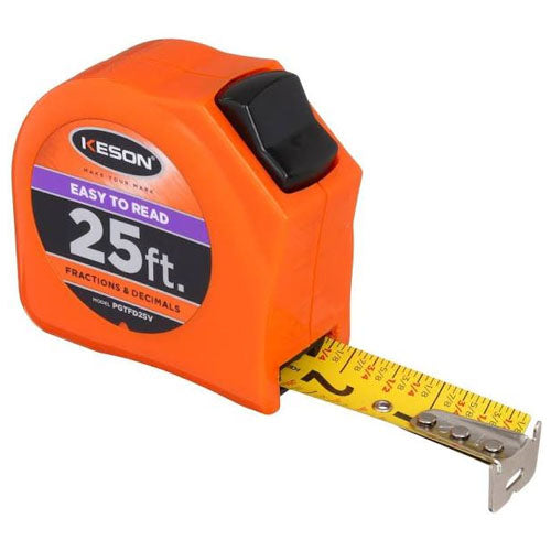 Keson Toggle Series 25 ft Short Tape Measure - Feet, Inches, 8ths, 16ths and Decimal - PGTFD25V