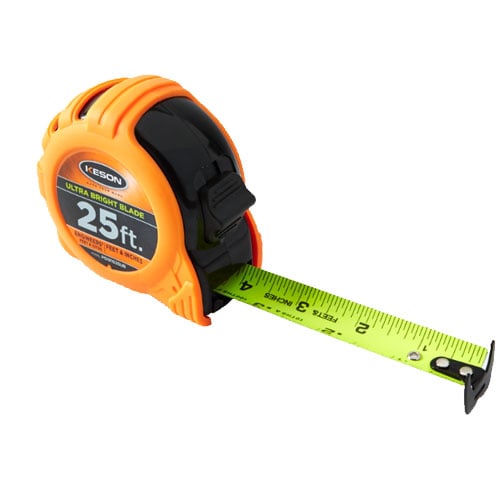 Keson Ultra-Bright 25 ft Short Tape - Feet, 10ths, 100ths, and Inches, 8ths, 16ths - PG181025UB