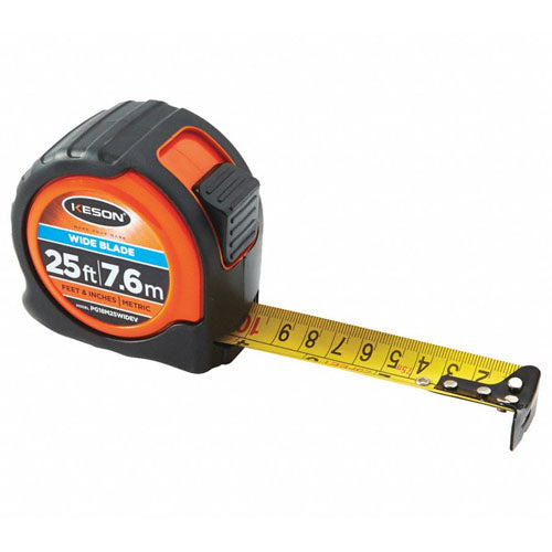  Keson 25 ft/7.6m Wide Blade Short Tape - Feet, Inches, 18ths, 16ths, and Metric - PG18M25WIDEV - Titan Tools Direct