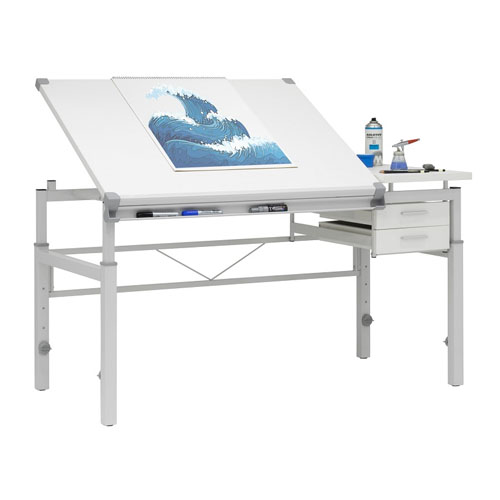 Studio Designs Graphix II Height Adjustable, Split Top, Pro Line Drafting Table With 39.5″ X 30″ Tilting Top And Drawers In White - 10212
