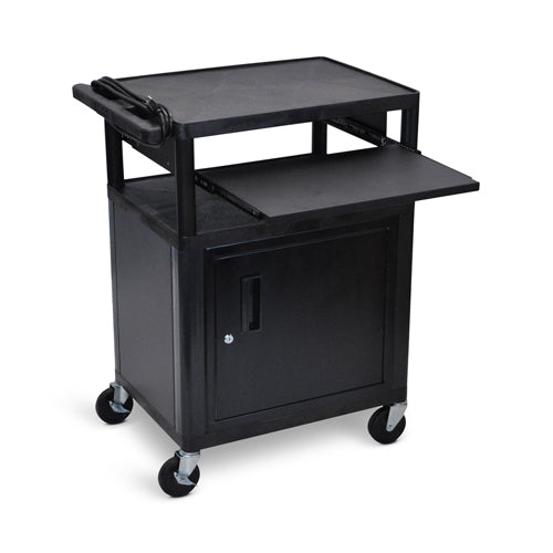 Luxor AV Cart - Three Shelves with Cabinet and Front Pullout Shelf - Black - LP34CLE-B - Titan Tools Direct