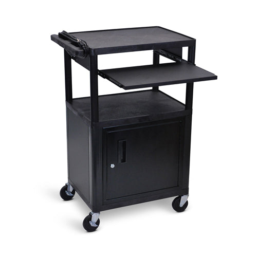 Luxor 42"H AV Cart - Three Shelves with Cabinet and Front Pullout Shelf - Black - LP42CLE-B - Titan Tools Direct