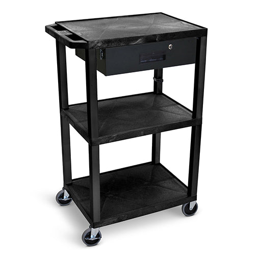 Luxor 42"H AV Cart - Three Shelves with Drawer - Black - WT42-B/WTD - Titan Tools Direct