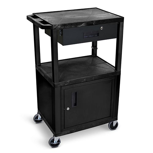 Luxor 42"H AV Cart - Three Shelves with Cabinet and Drawer - Black - WT42C2-B/WTD
