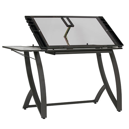  Studio Designs Futura Luxe Drawing and Craft Table With Drawer and Folding Side Shelf - Pewter Grey and Clear Glass - 10079 - Titan Tools Direct