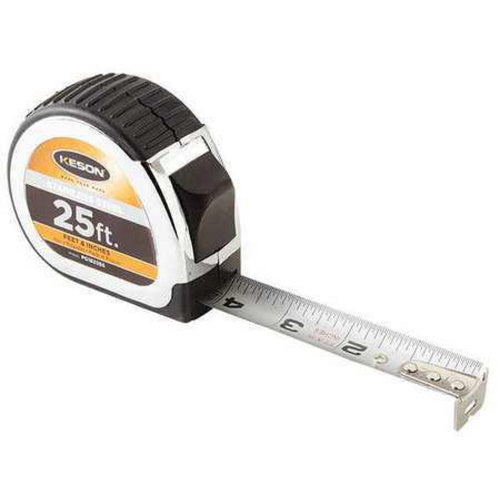Keson 25' x 1 inch Measuring Tape 1-8, 1-16 Stainless Steel Blade, Black/Chrome - PG1825SS