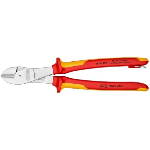 Knipex 10" High Leverage Diagonal Cutters-1000V Insulated-Tethered Attachment - 74 06 250 T 74 06 250 T Titan Tools Direct