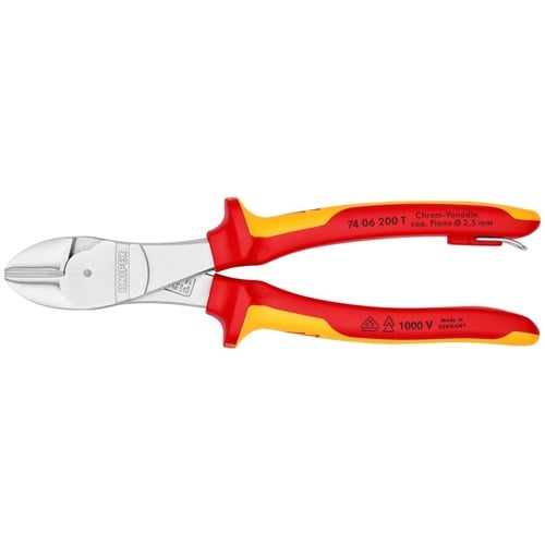 Knipex 8" High Leverage Diagonal Cutters-1000V Insulated-Tethered Attachment - 74 06 200 T 74 06 200 T Titan Tools Direct