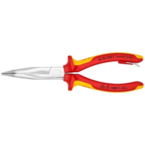Knipex 8" Long Nose 40° Angled Pliers with Cutter-1000V Insulated-Tethered Attachment - 26 26 200 T