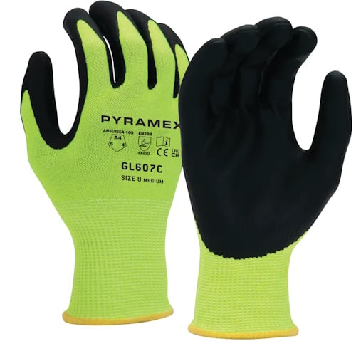 Pyramex Micro-Foam Nitrile Dipped Gloves Hi-vis A4 Cut Hangtag, Size L - GL607CHTL - Titan Tools Direct
