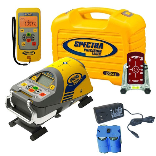 Spectra Precision DG613 Laser, 1248 Trivate Plate 8 inch (200mm), RC803 IR/Radio Remote Control, 956 Target, NiMH Battery Pack and Charger - DG613 - Titan Tools Direct
