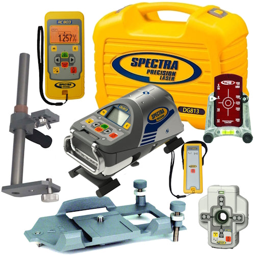 Spectra Precision DG813 Laser, 1230 Large Invert Plate, 1239 Vertical Pole, RC803, SF803, ST805, 956 Target, NiMH Battery Pack and Charger - DG813-5 - Titan Tools Direct