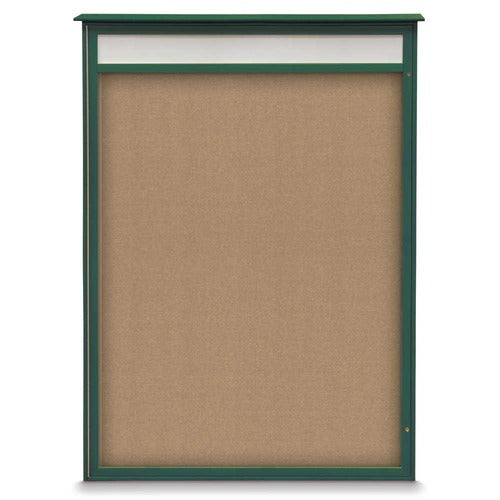 Titan Tools 36" x 48" Single Door Outdoor Recycled Bulletin Board w/ Header, Buff Cork, Woodland Green Frame - UVLSD3648HD-WOODGRN-BUFF