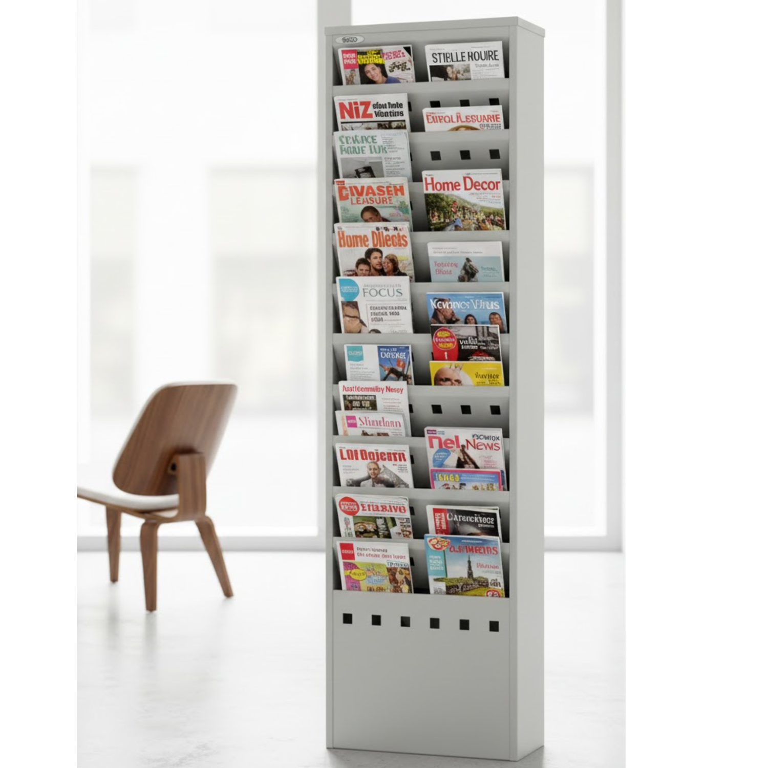 Gray-metal-wall-mount-magazine-rack-11-pockets-Safco-4321GR-brochure-holder