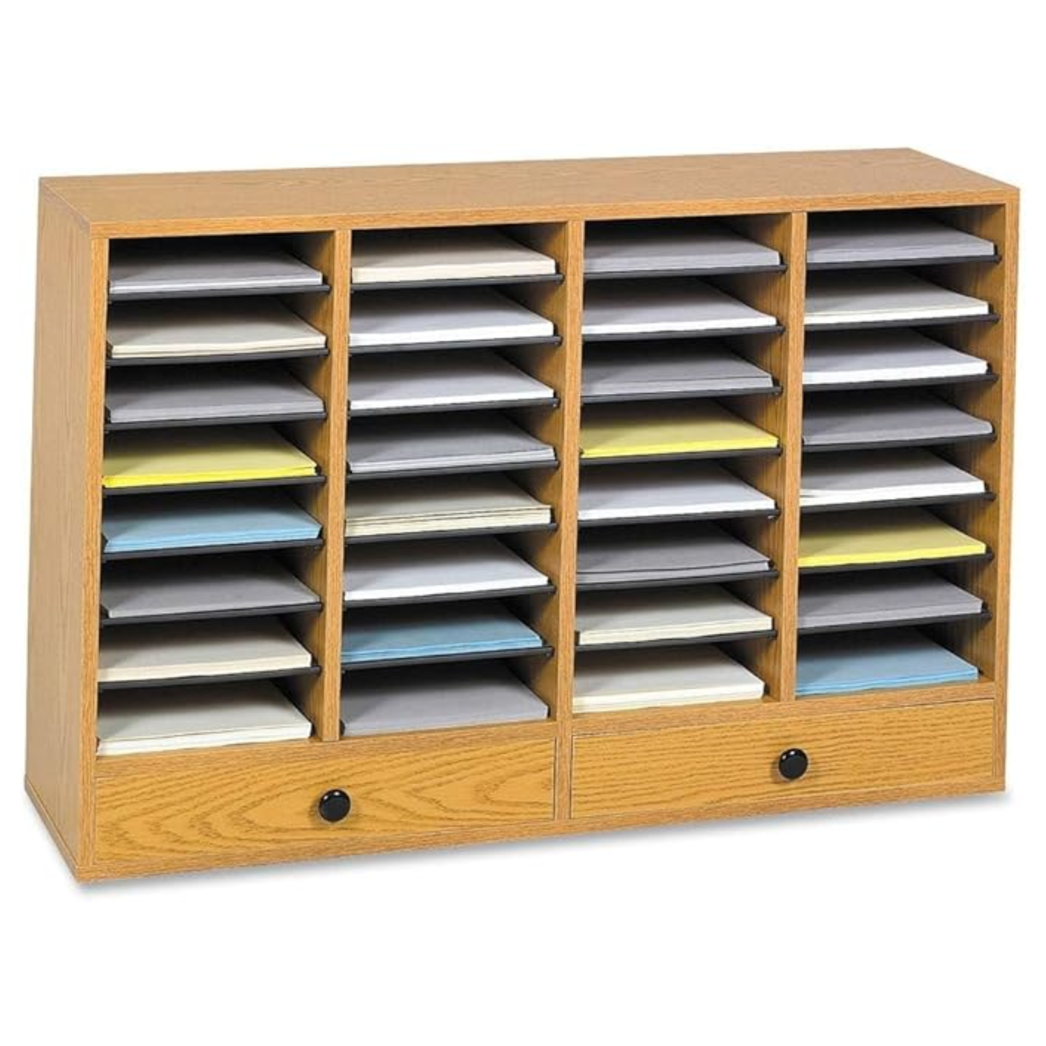 Large-literature-rack-32-slots-and-base-storage-drawers-Medium-Oak-Safco-9494MO