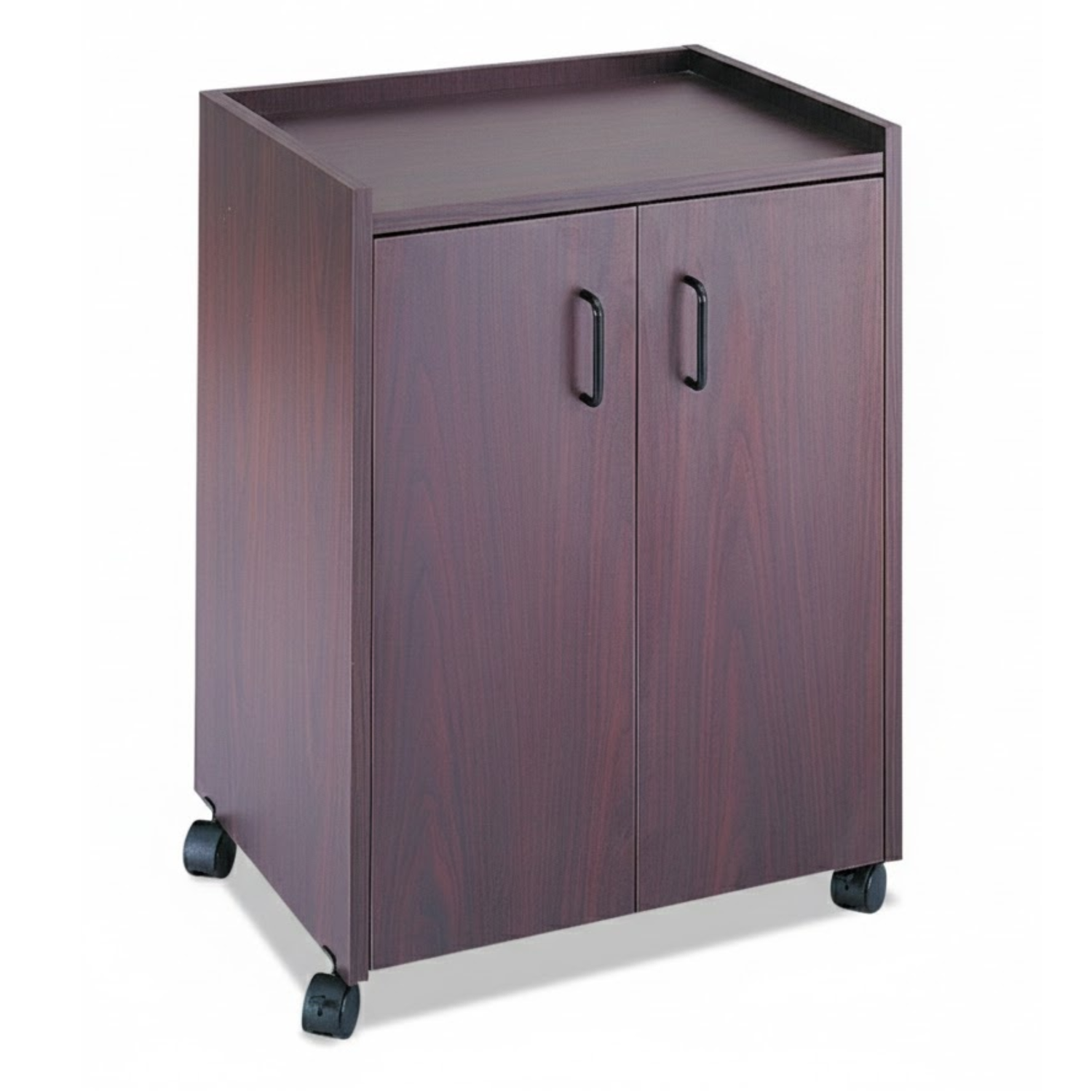 Mahogany-wood-grain-rolling-beverage-station-Safco-Mobile-Refreshment-Center