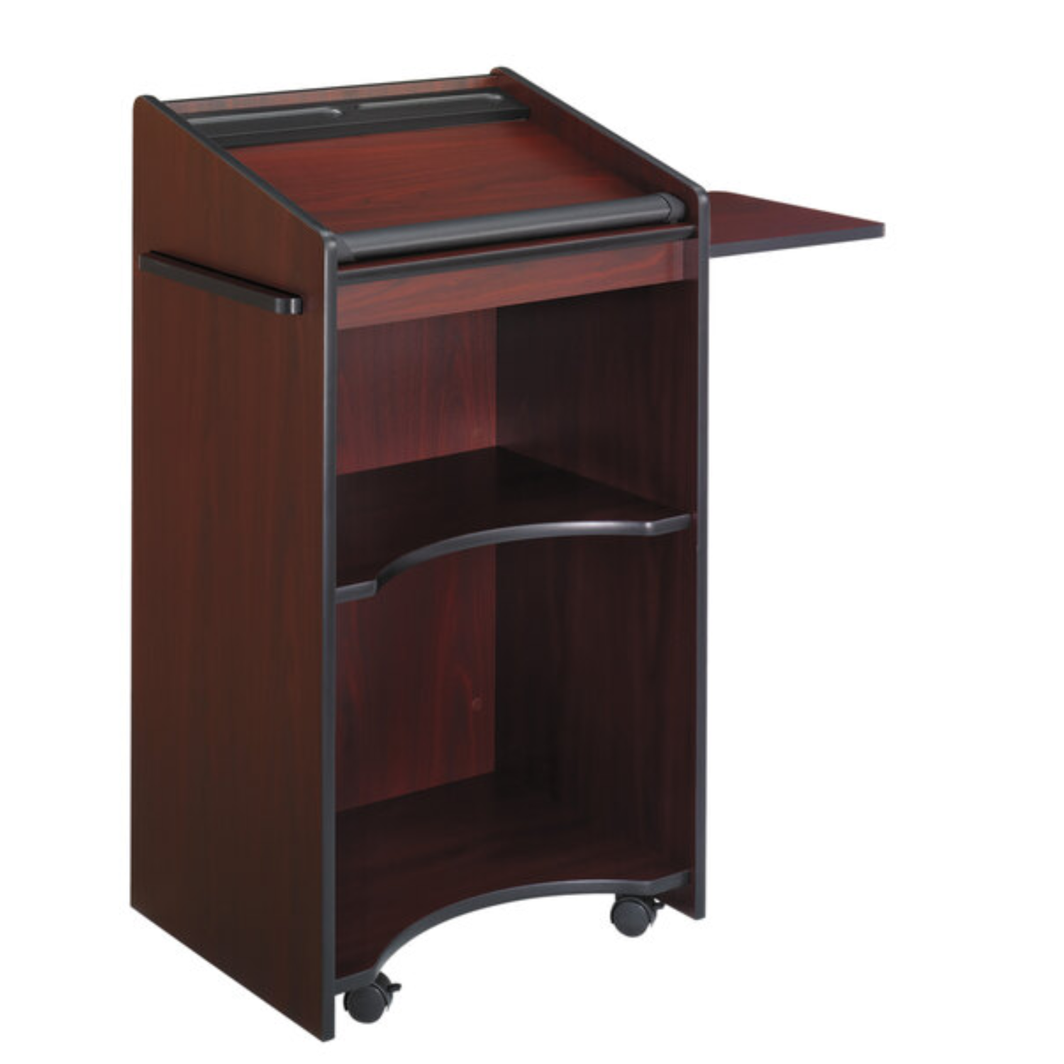Mahogany-wood-mobile-lectern-presentation-stand-Safco-8918MH-on-casters