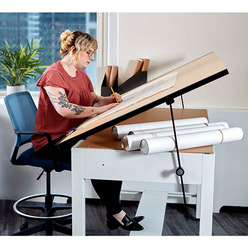 Mayline 7736B Ranger Steel Four-Post Drafting Table when used sideview