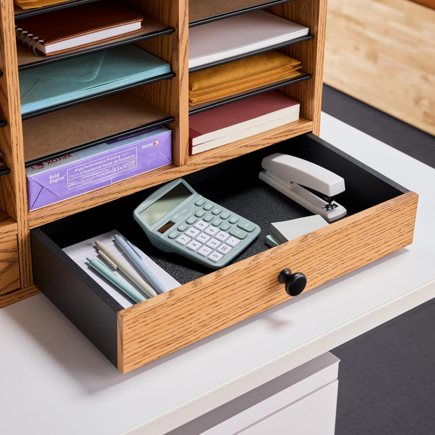 Medium-oak-wood-mail-sorter-32-slots-and-storage-drawers-Safco-9494MO