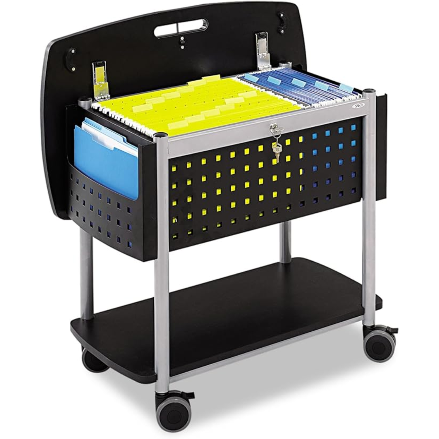 Mobile-file-cart-Safco-Scoot-5370BL-black-with-built-in-desk-surface