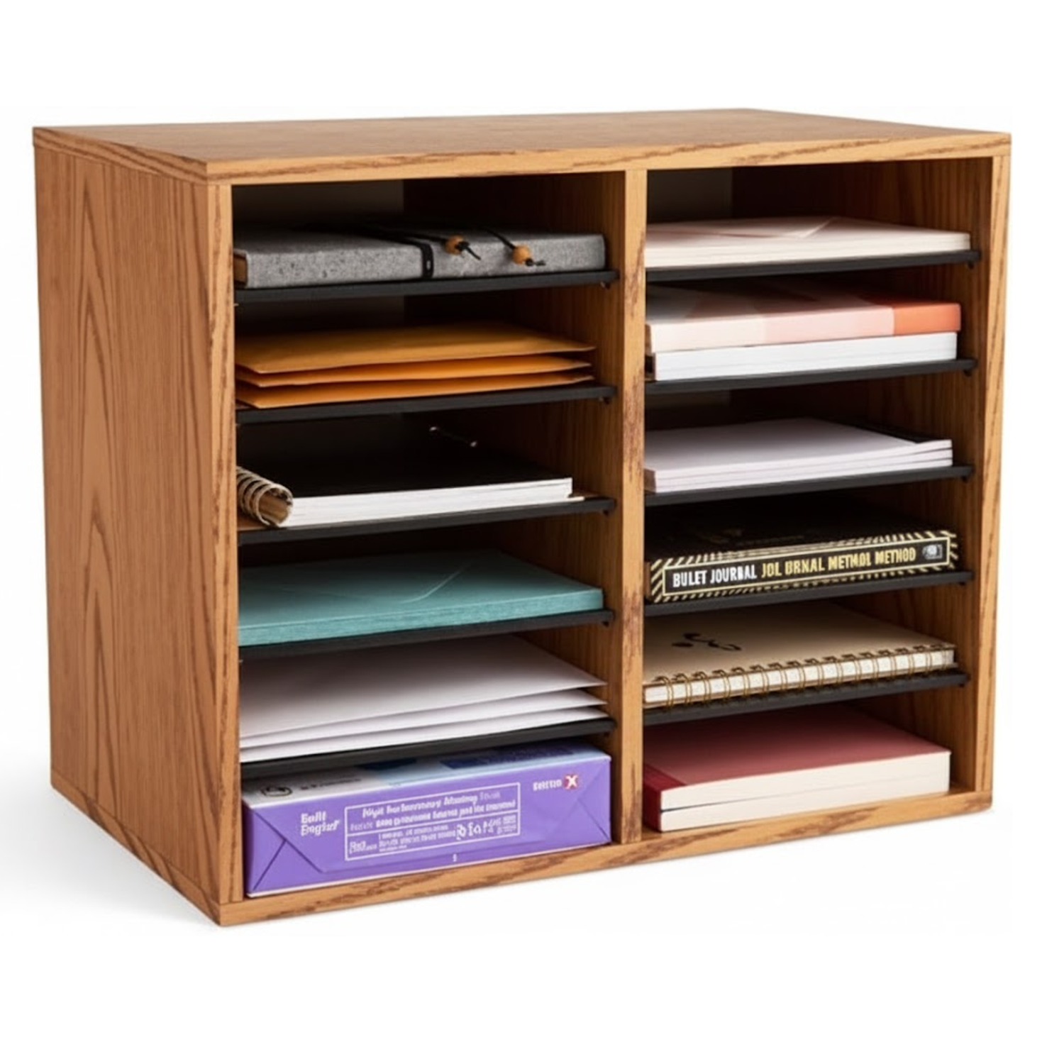 Office-literature-organizer-cabinet-12-sections-medium-oak-wood-sorter-Safco