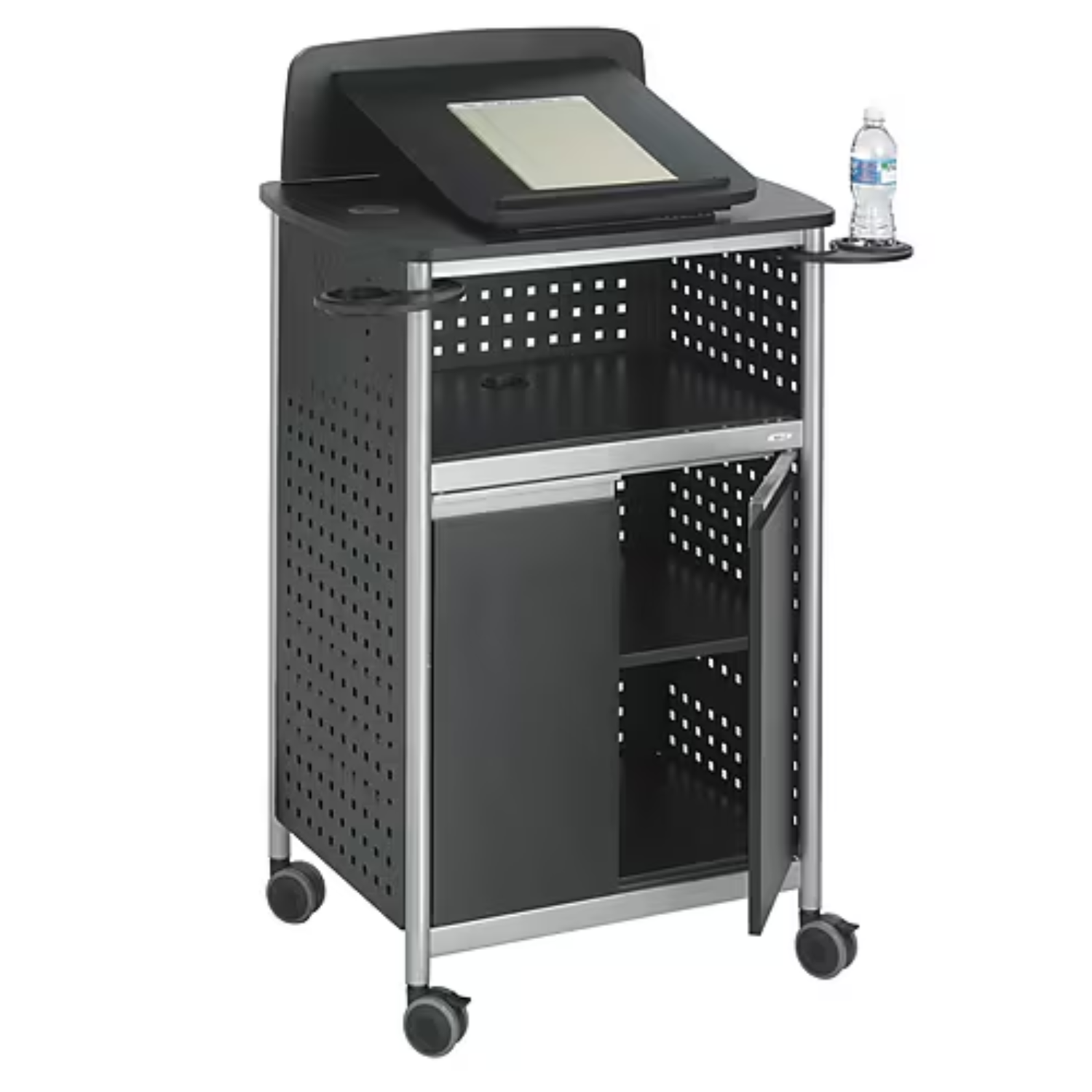 Rolling-black-metal-podium-Safco-Scoot-8922BL-for-office-or-classroom-use