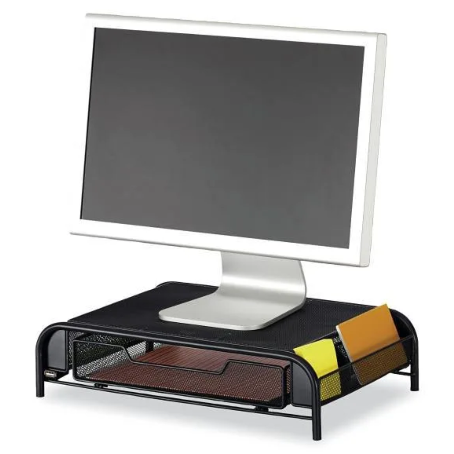 Safco-3230BL-Onyx-Monitor-Riser-Black-Mesh-Steel-Desk-Organizer-with-Power