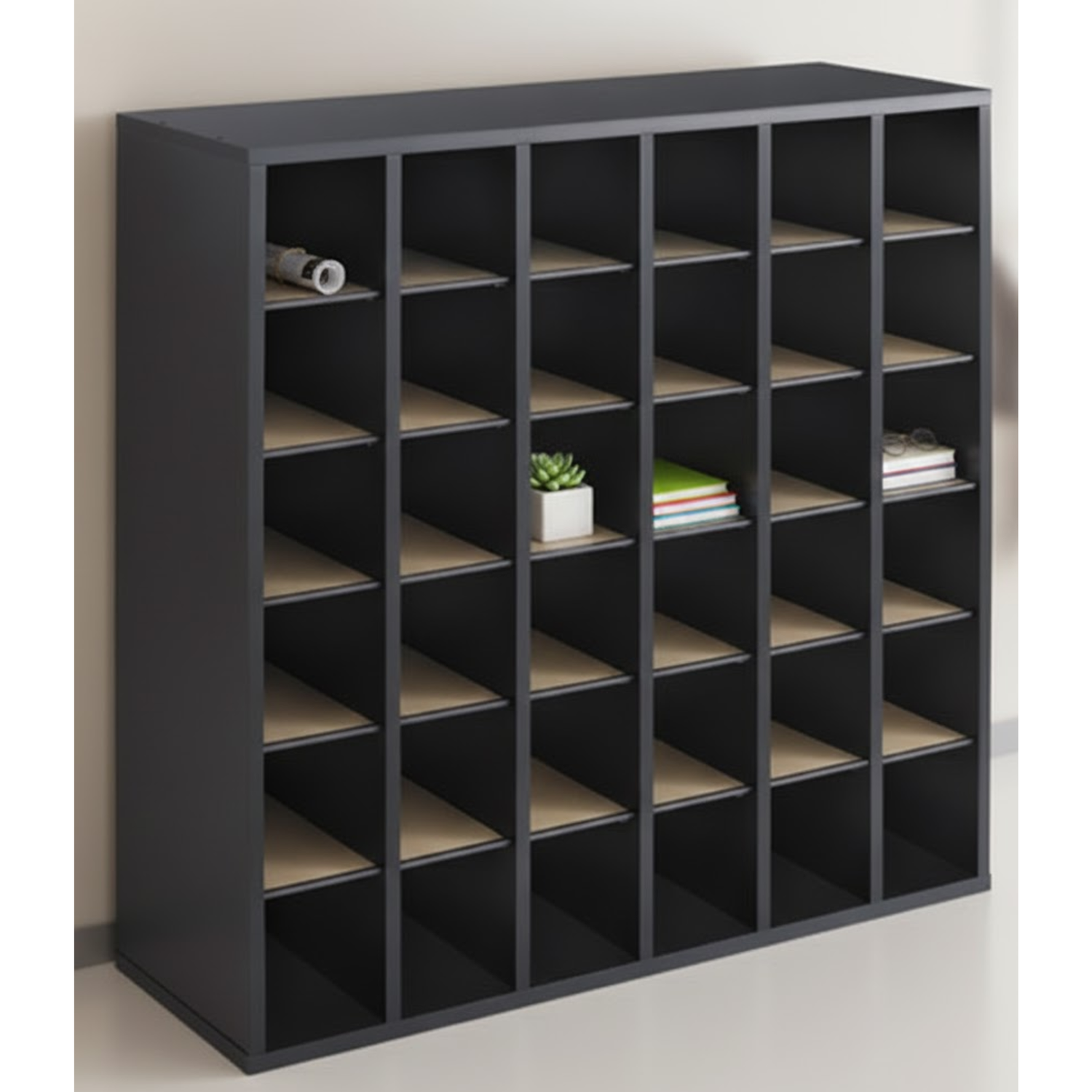Safco-7766BL-wood-mail-organizer-black-desktop-36-compartments