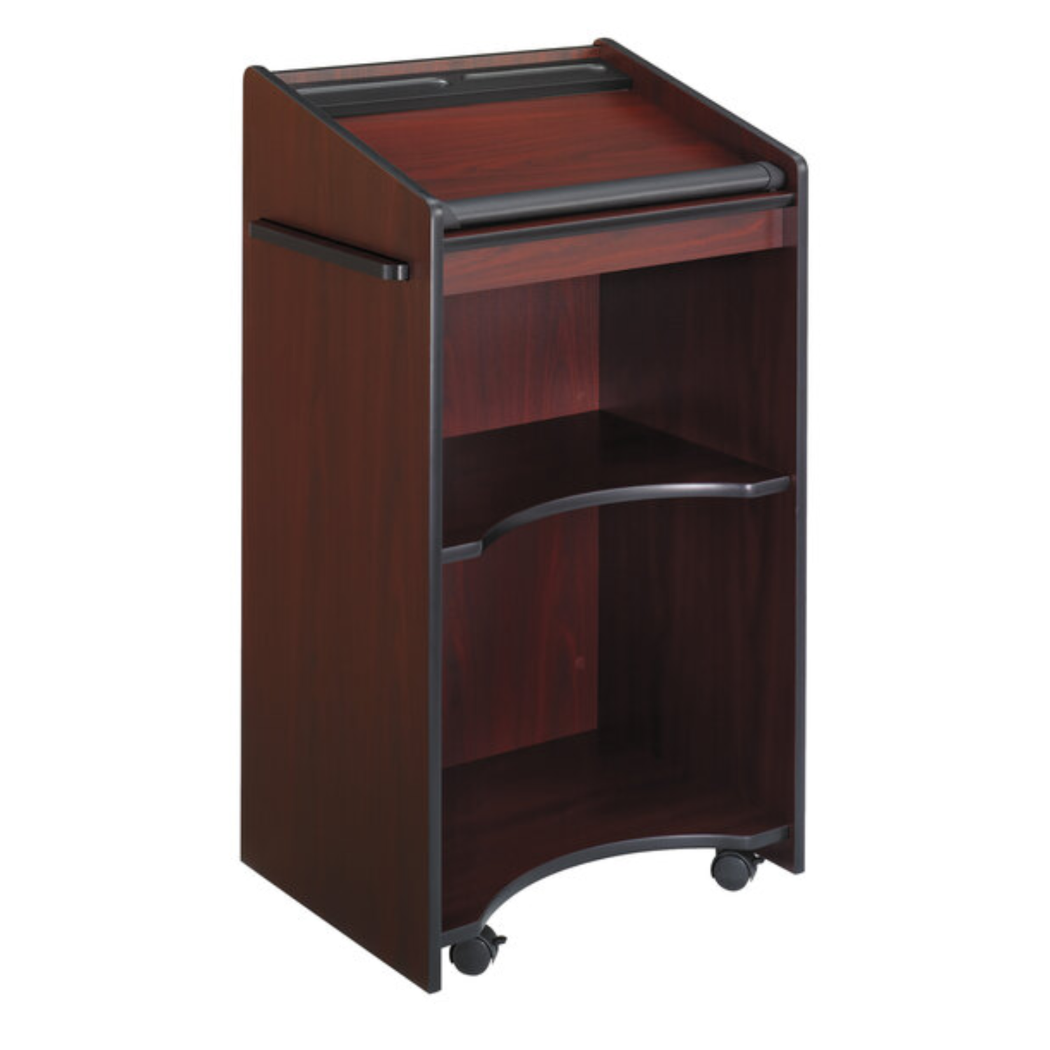 Safco-8918MH-mahogany-finish-rolling-podium-with-storage-for-speakers