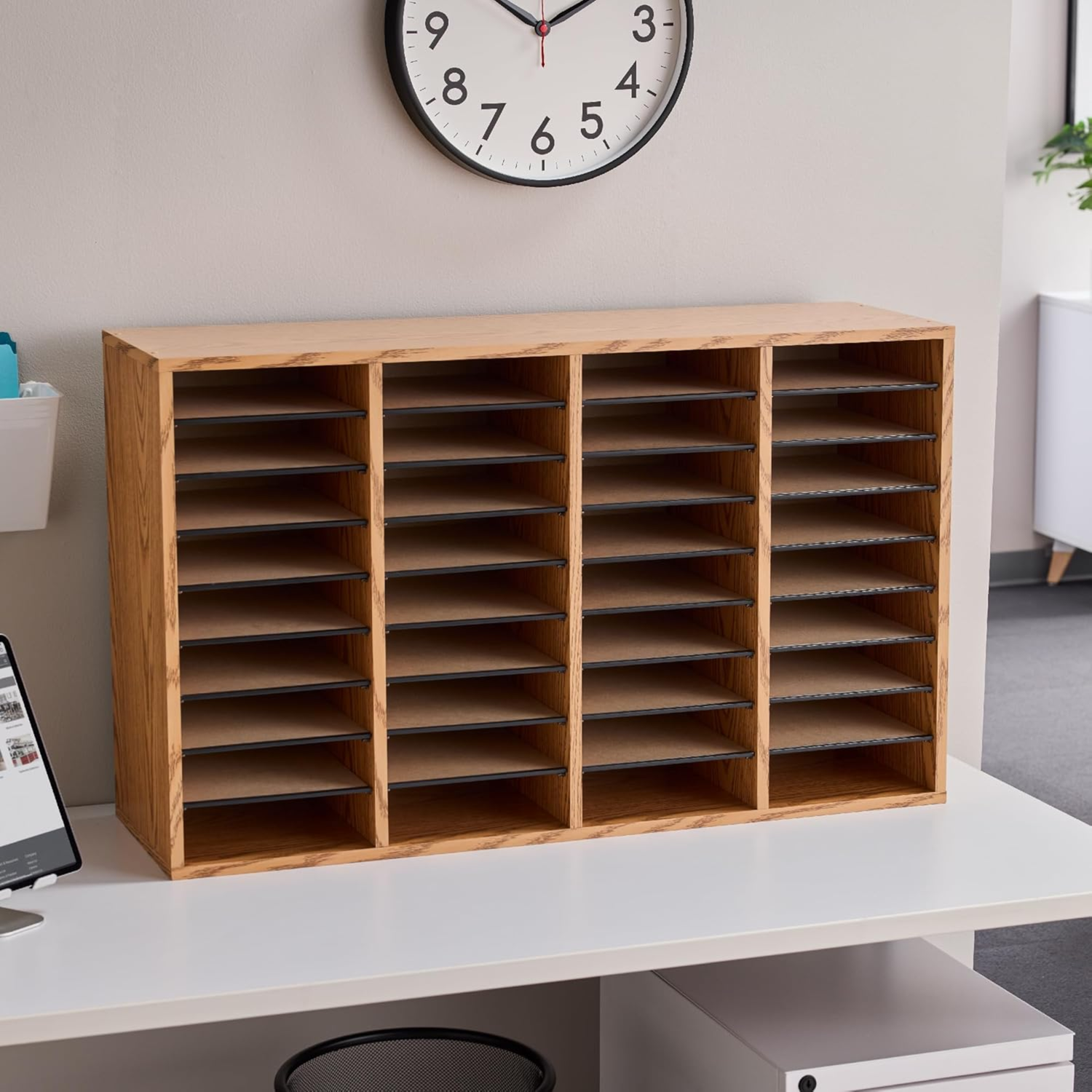 Safco-9424MO-adjustable-shelves-wood-mail-center-organizer-medium-oak