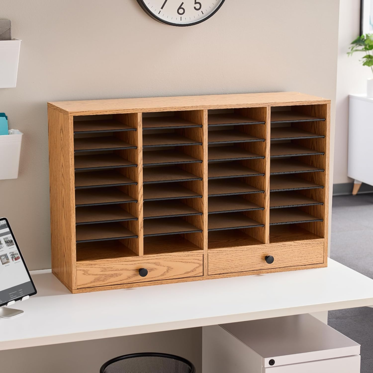 Safco-9494MO-adjustable-shelves-wood-literature-organizer-with-filing-drawers