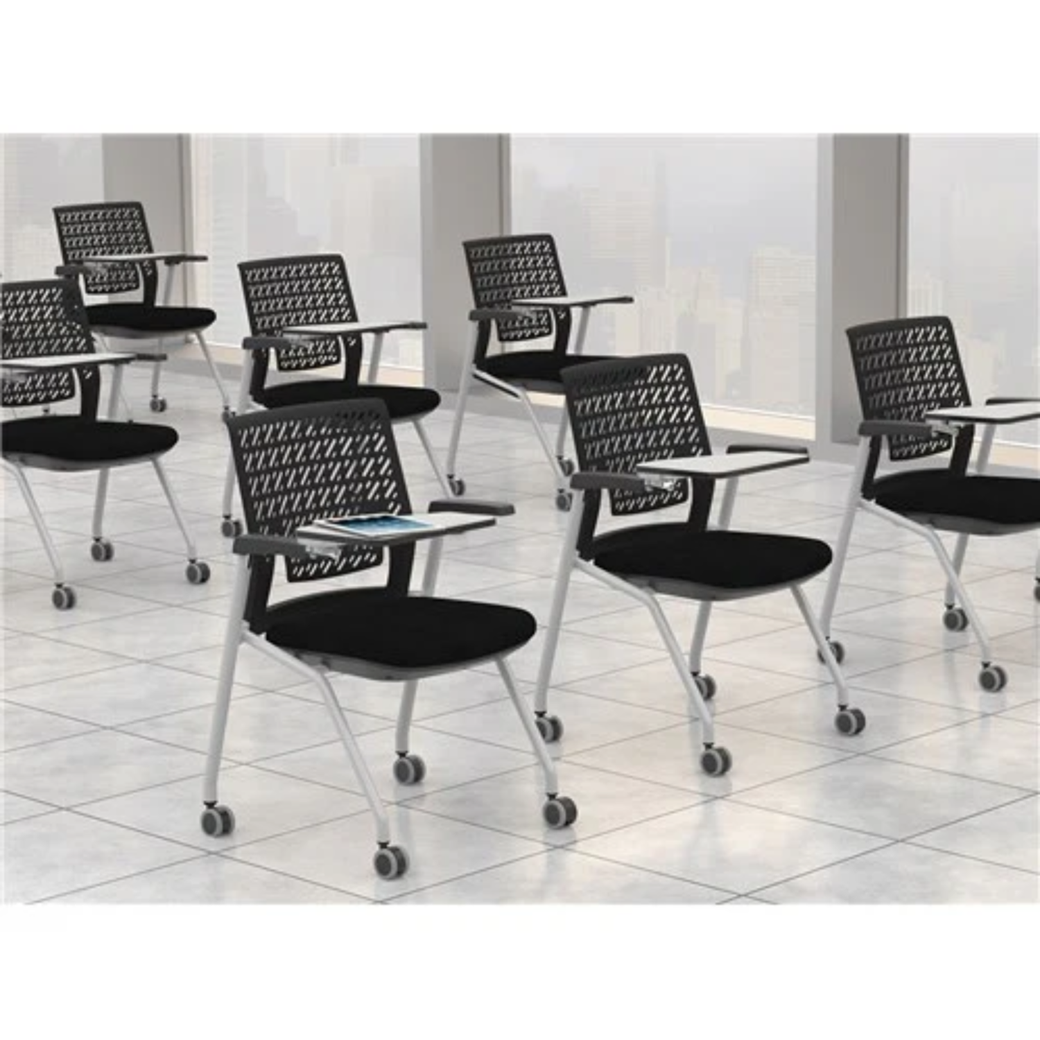 Safco-Thesis-Nesting-Chair-Two-Pack-Black-Frame-Flex-Back-Tablet-Arm-Training-Room-KTX3SBBLK