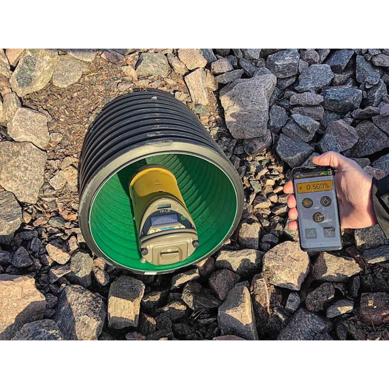 Topcon TP-L6 Series Green Beam Pipe Laser Auto Target w/ Auto Alignment- inside the gutter