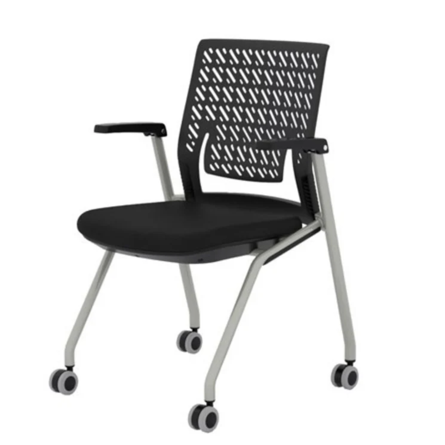 Two-black-Safco-Thesis-Nesting-Chairs-KTX1SBBLK-Flex-Back-with-Arms-for-training-room