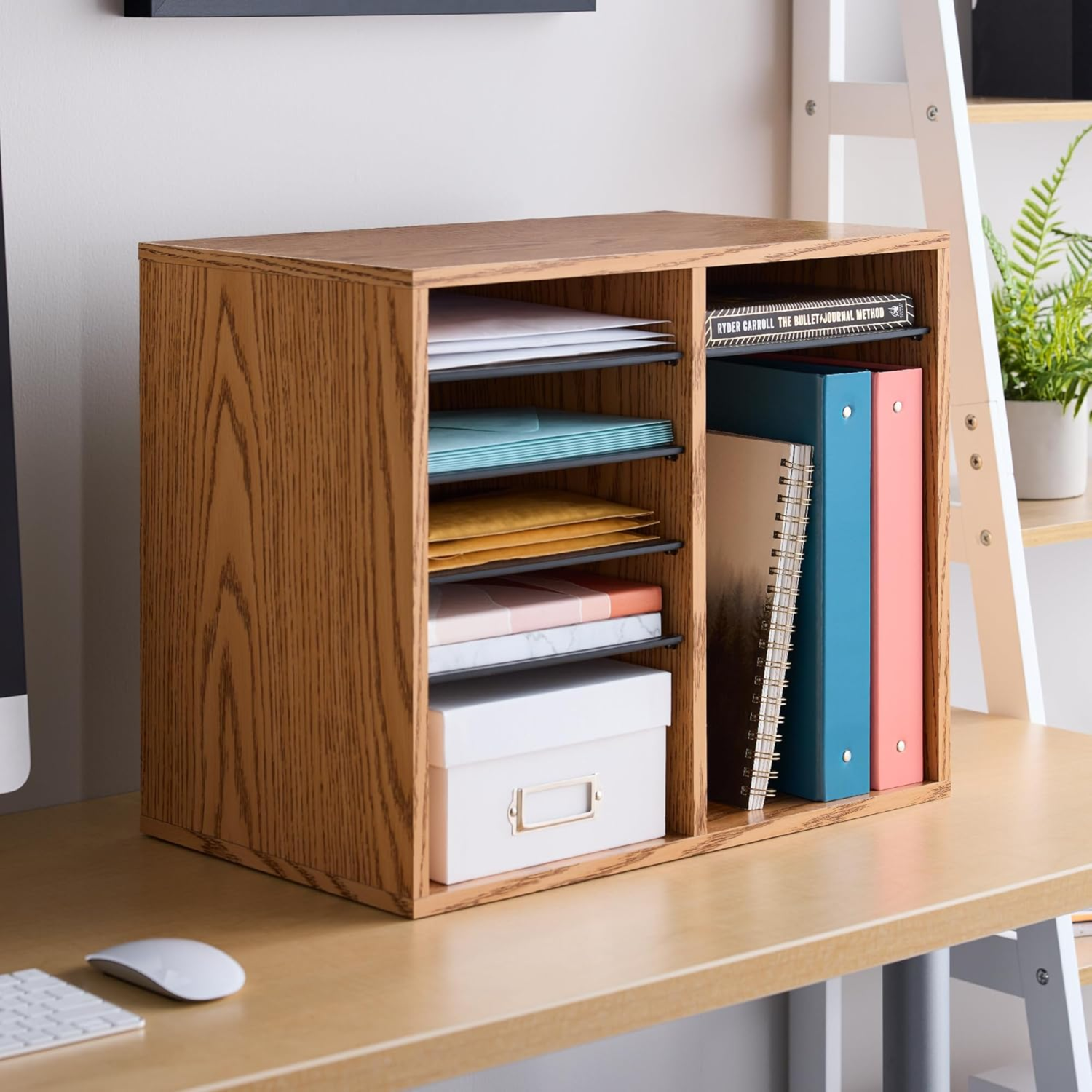 Wood-12-slot-literature-sorter-medium-oak-finish-Safco-9420MO-desktop-organizer