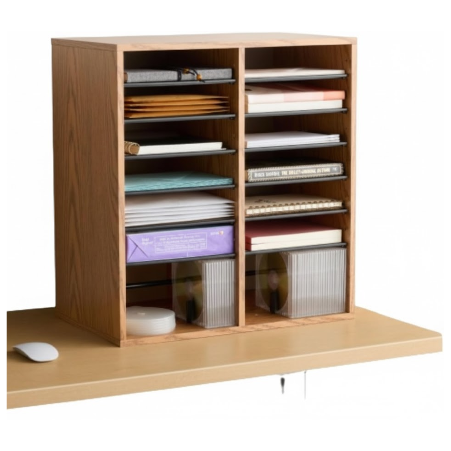 Wood-16-slot-literature-sorter-medium-oak-finish-Safco-9422MO-office-mail-center