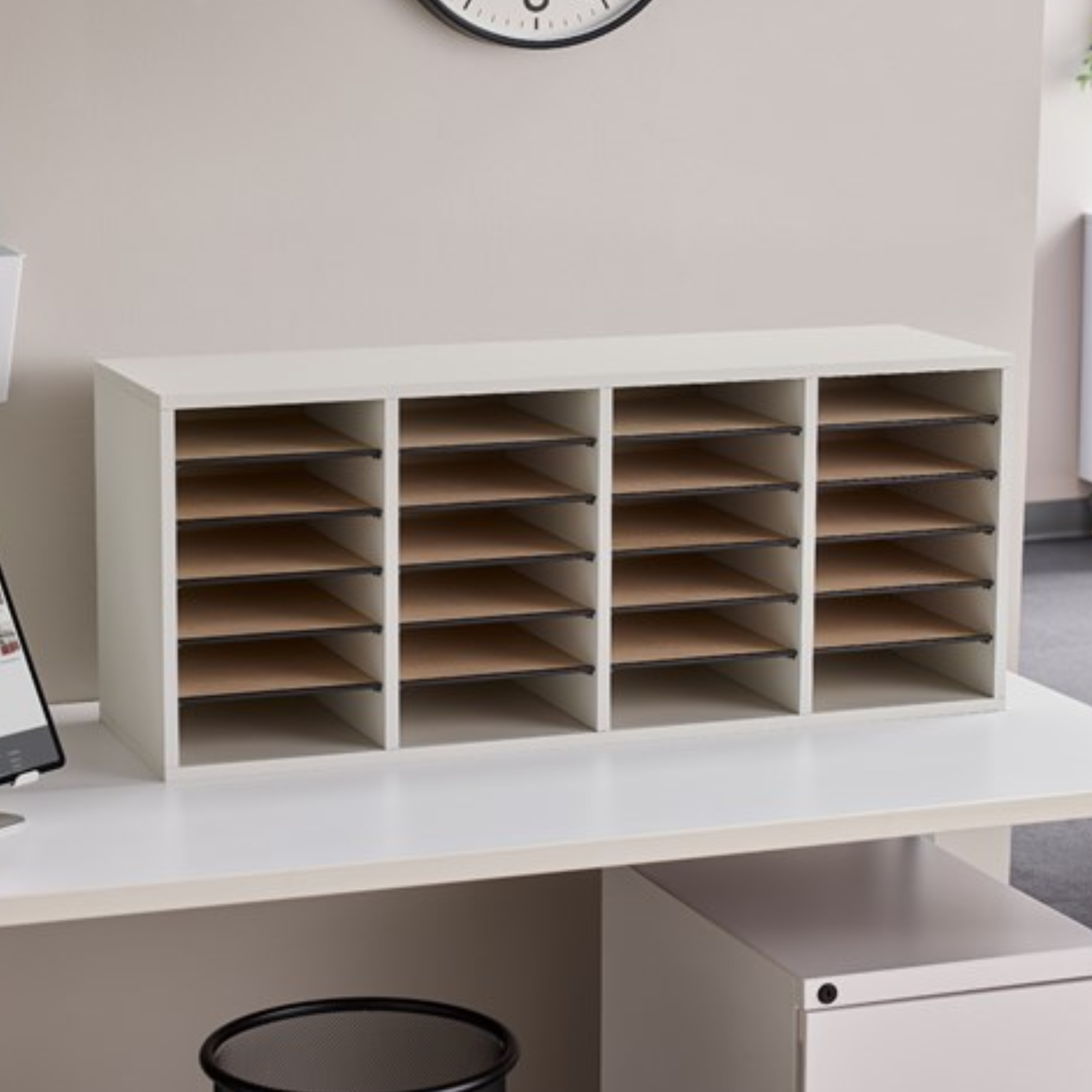 Wood-24-slot-literature-sorter-gray-finish-Safco-9423GR-office-mail-center